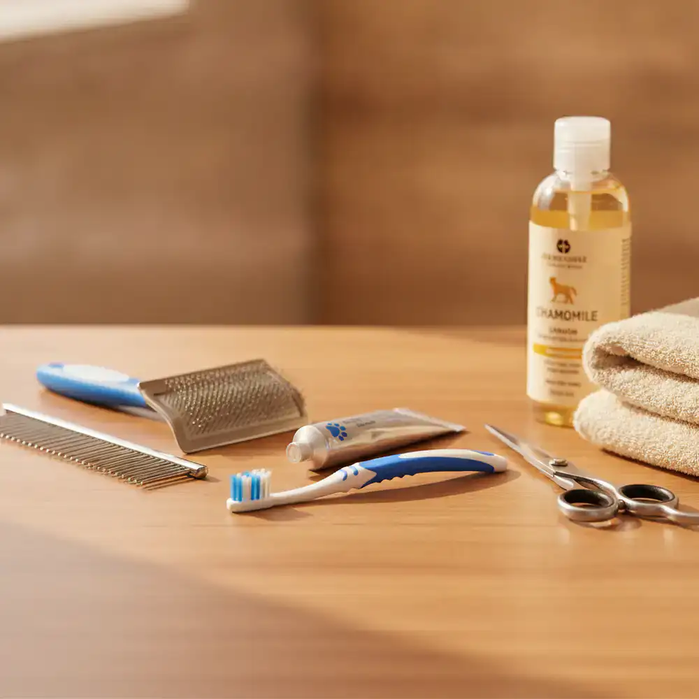 A close up of dog grooming supplies and a toothbrush