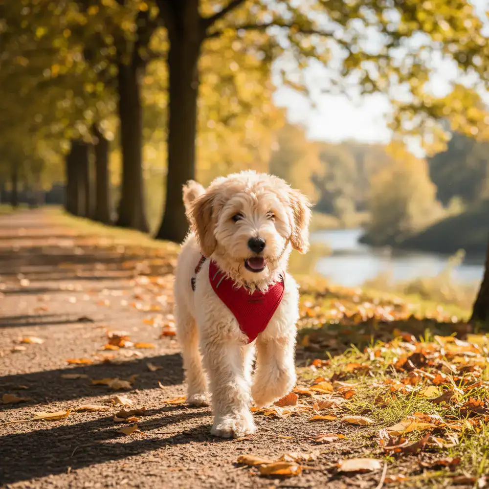 A small dog wearing a comfortable walking harness