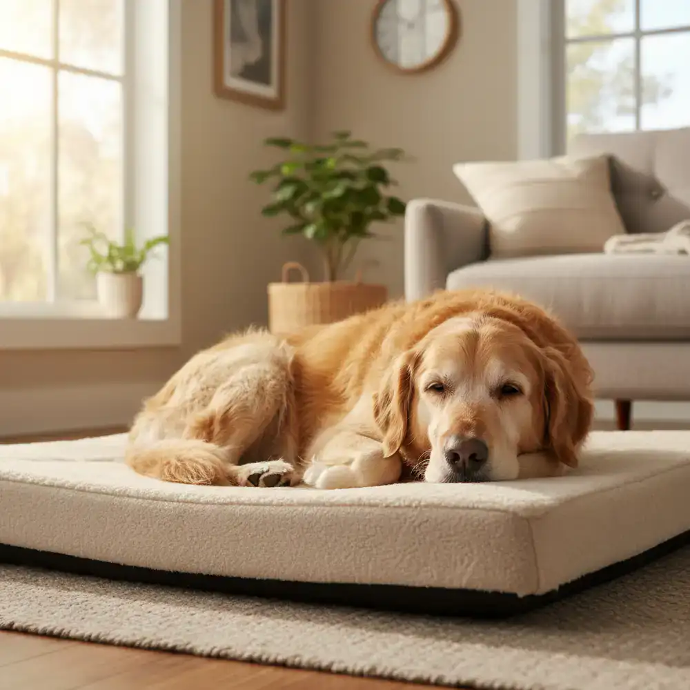An older dog resting comfortably on a supportive bed