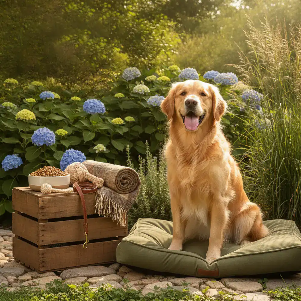 A happy dog sitting outdoors next to quality pet supplies