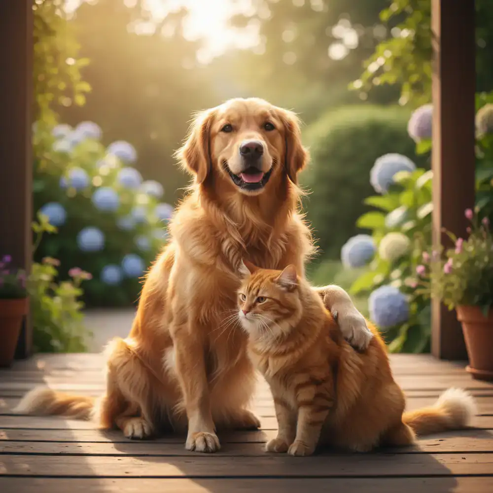 A happy dog and cat sitting together