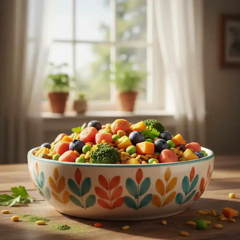 A colorful bowl of healthy pet food