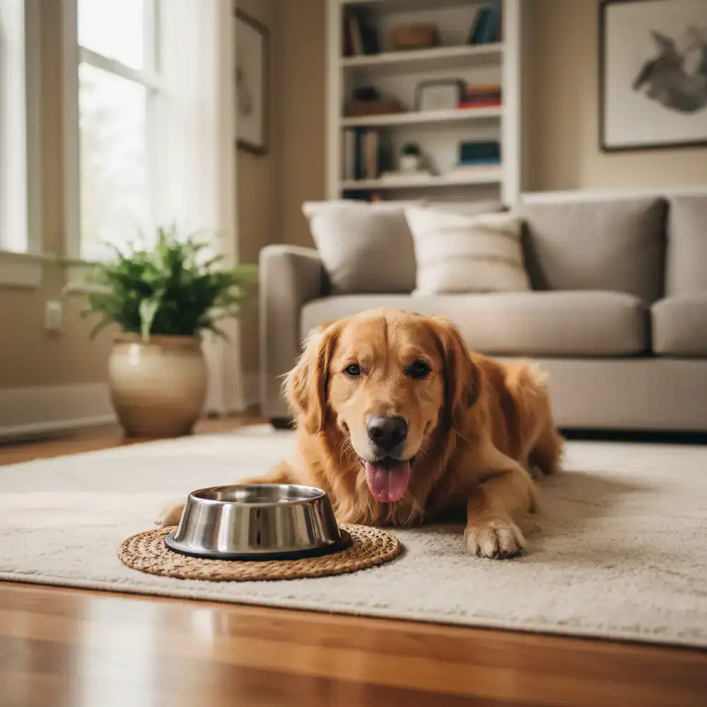 A happy golden retriever resting indoors near a bowl