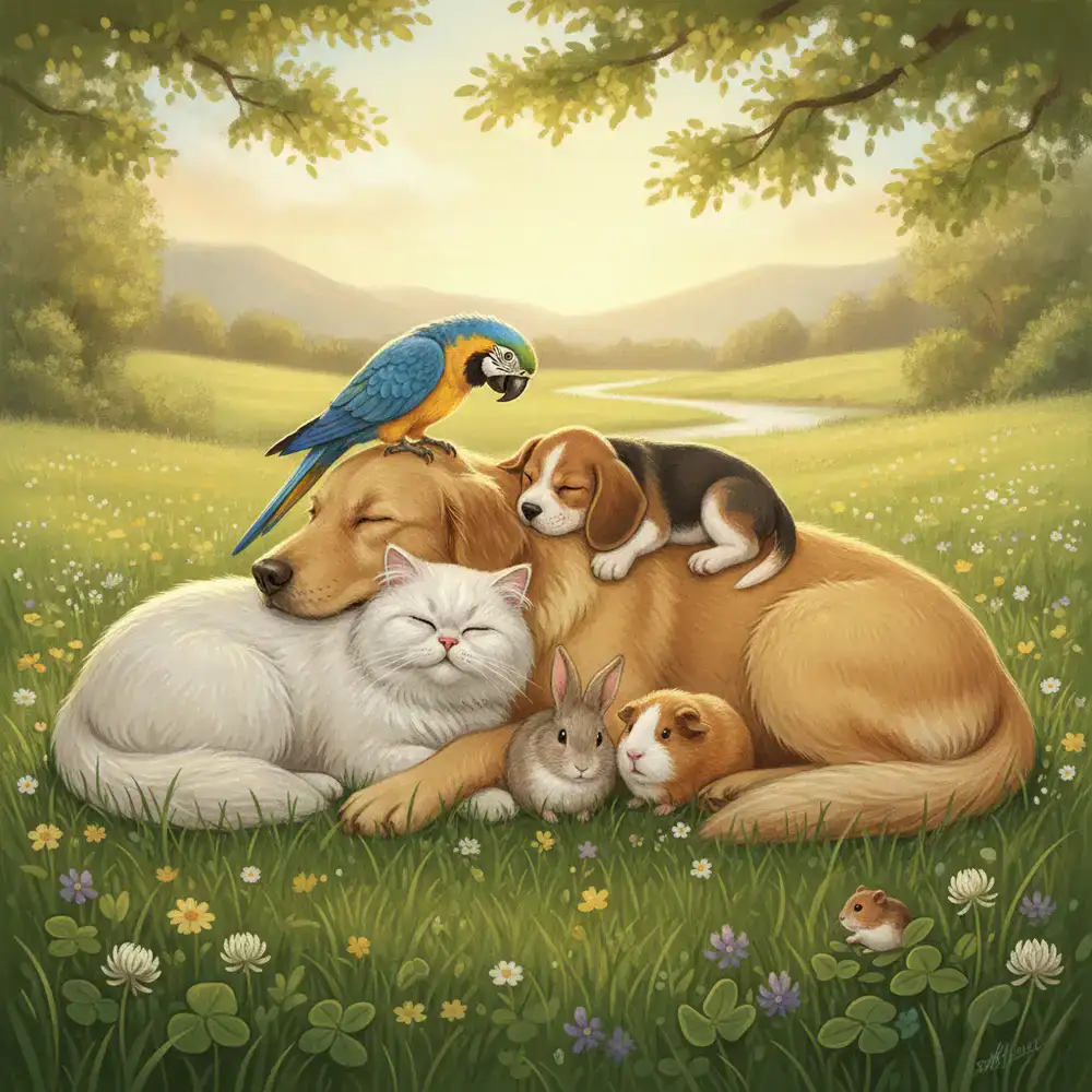 Illustration of pets gathered peacefully
