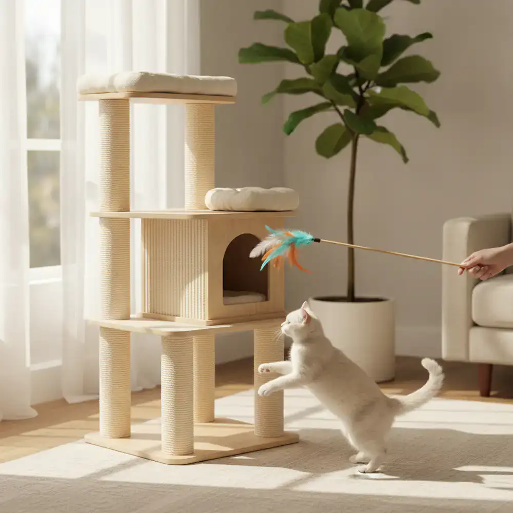 A modern cat scratching post and playful feather wand
