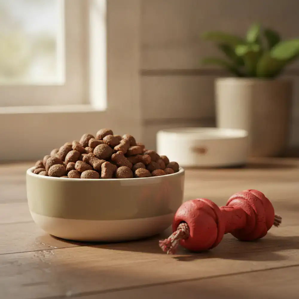 Premium dry dog food in a bowl next to a durable chew toy