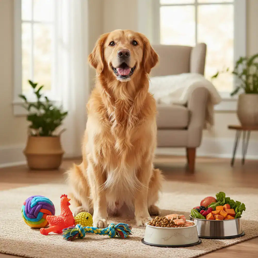 A happy golden retriever sitting next to a colorful assortment of pet toys and healthy food bowls