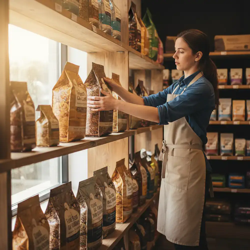 A store team member carefully organizing premium pet food bags on a wooden shelf