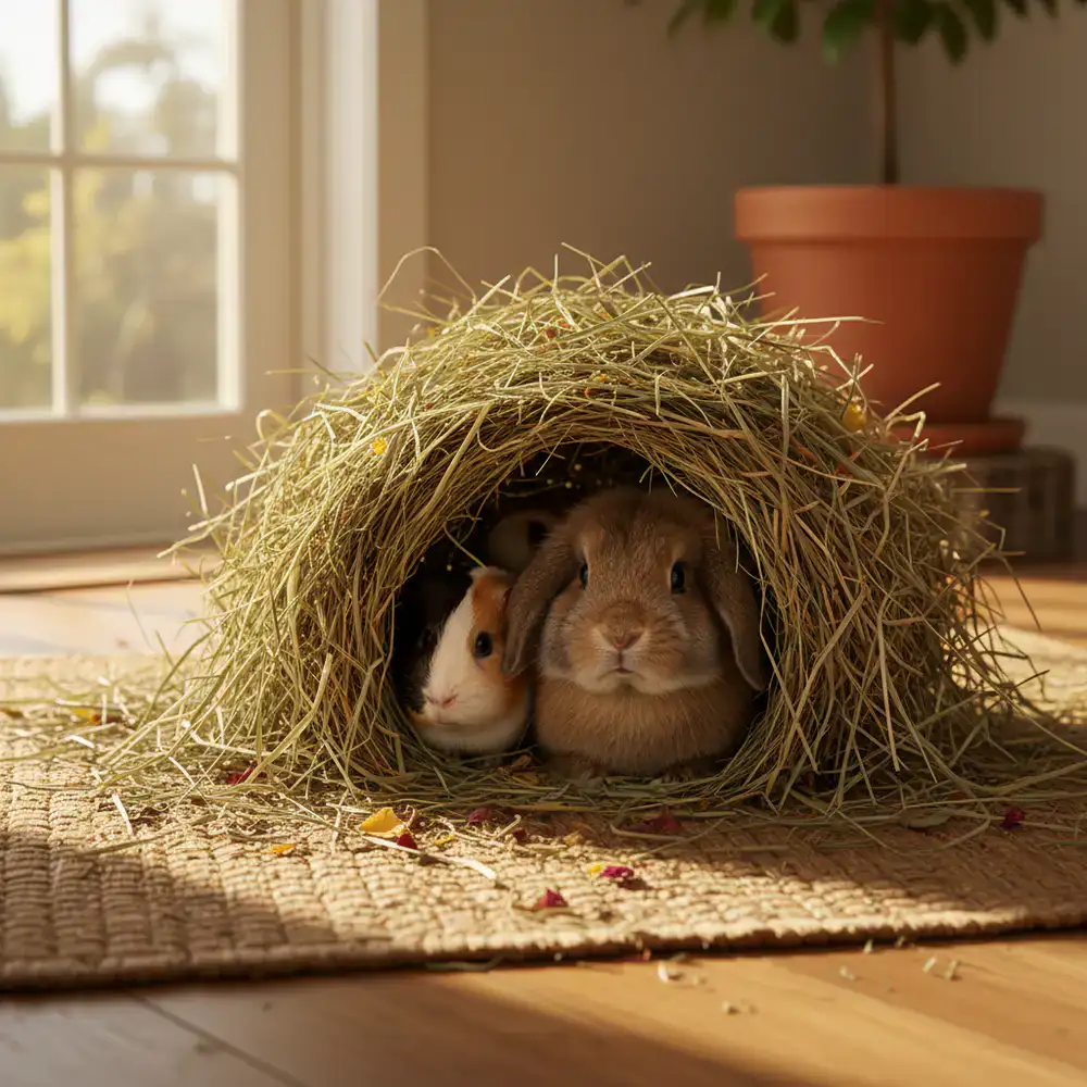 Fresh hay and a cozy hideout for rabbits and guinea pigs