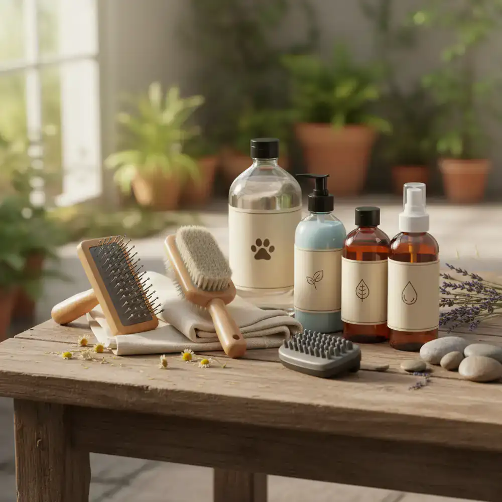 Gentle pet grooming brushes and skin-safe shampoos