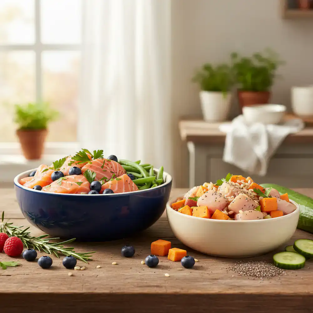 Premium pet food bowls and fresh ingredients